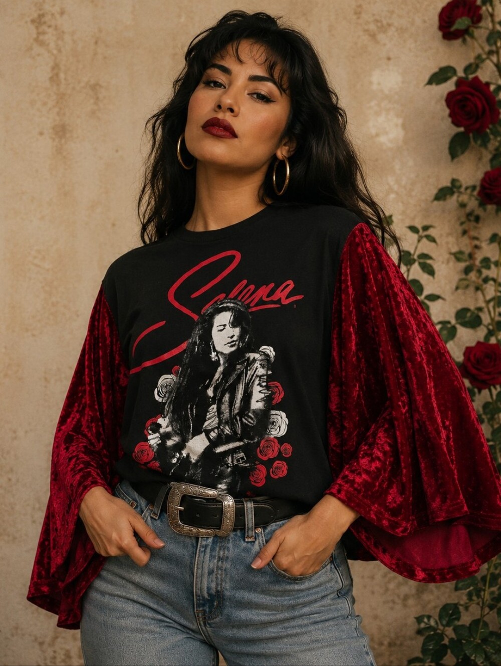 Upcycled Selena Band Tee With Velevet Sleeves, Size S/M
